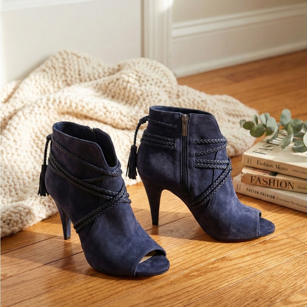 Vince Camuto Navy Suede Braided Tassel Peep Toe Booties